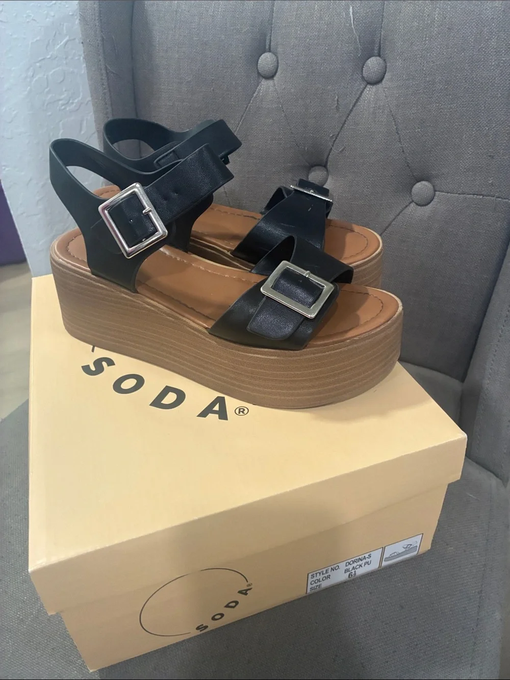 Soda Black Platform Buckle Sandals